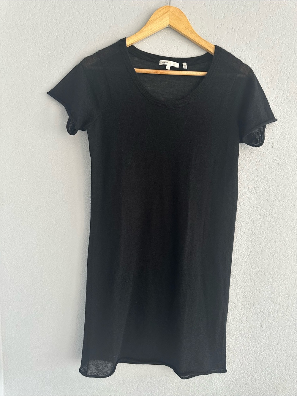 Vince Black Semi Sheer Knit Short Sleeve Top Tunic L